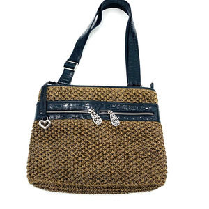 Brighton Brown Black Woven Straw and Leather Messenger Shoulder Bag